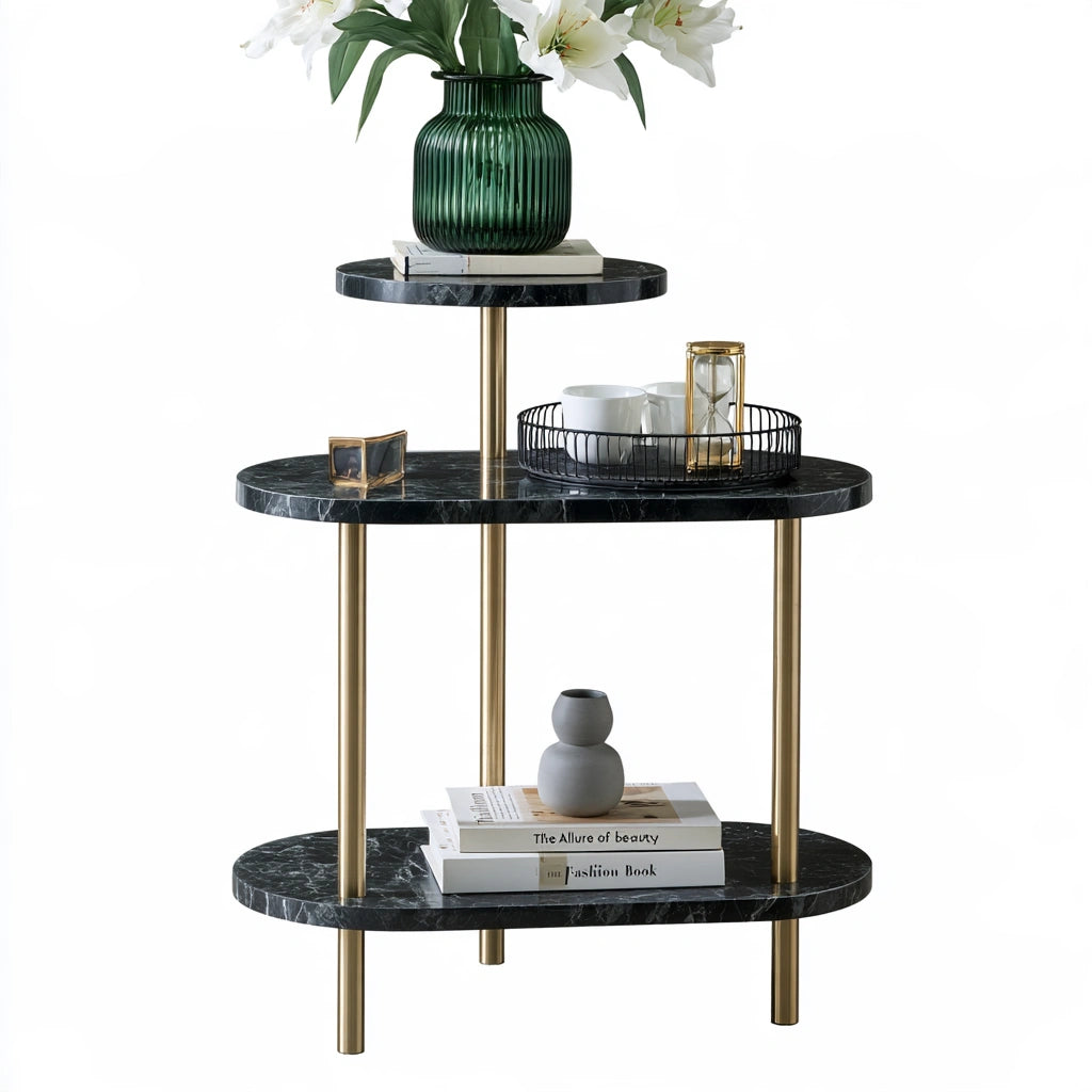 Table d'appoint à trois niveaux à finition effet marbre, coloris noir