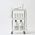 Chariot de rangement à trois niveaux en métal sur roulettes, coloris argenté et blanc