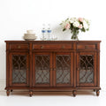 Meuble de rangement en bois avec finition brun naturel, buffet traditionnel de la marque matrixandmahogany, contre un mur blanc.